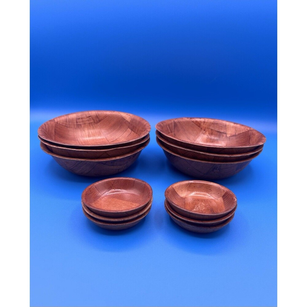 Vintage 12 Piece Woven Wood Bowl Set Parquet MCM Salad Snack Serving Bowls Retro